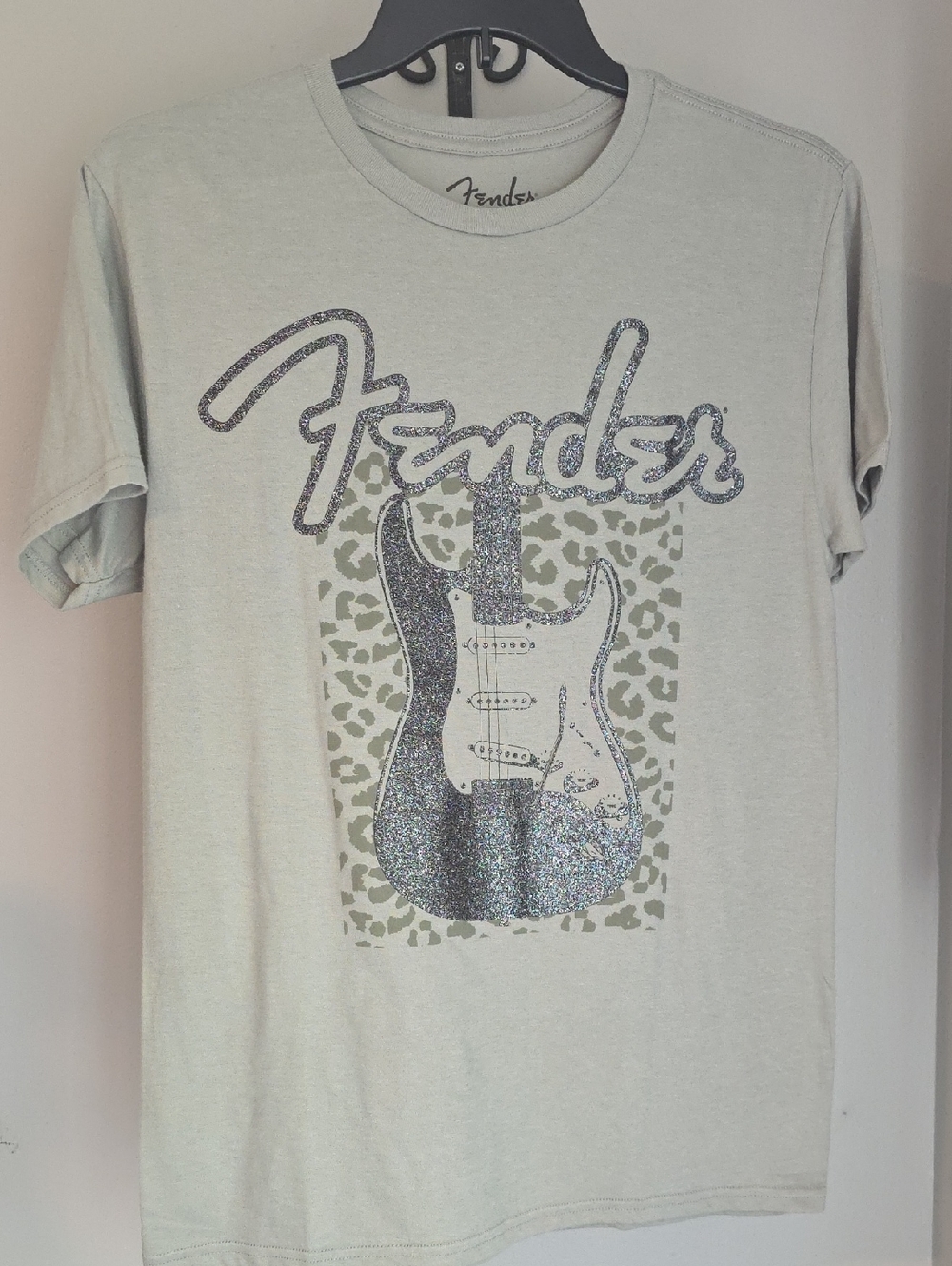 Fender Graphic Tee with Silver Glitter Guitar Size Medium NWOT Light Sage